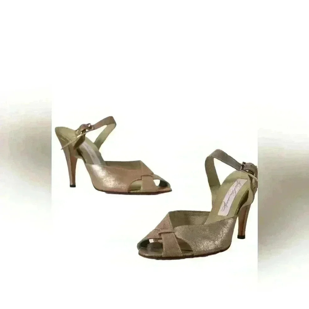 DIANA BROUSSARD Silver Tan Metallic  Cracked Leather Peep Toe Pumps 7.5US Italy
